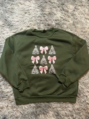 SHEIN Olive Green Kids Sweatshirt with Pink Bows & Silver Tree Print